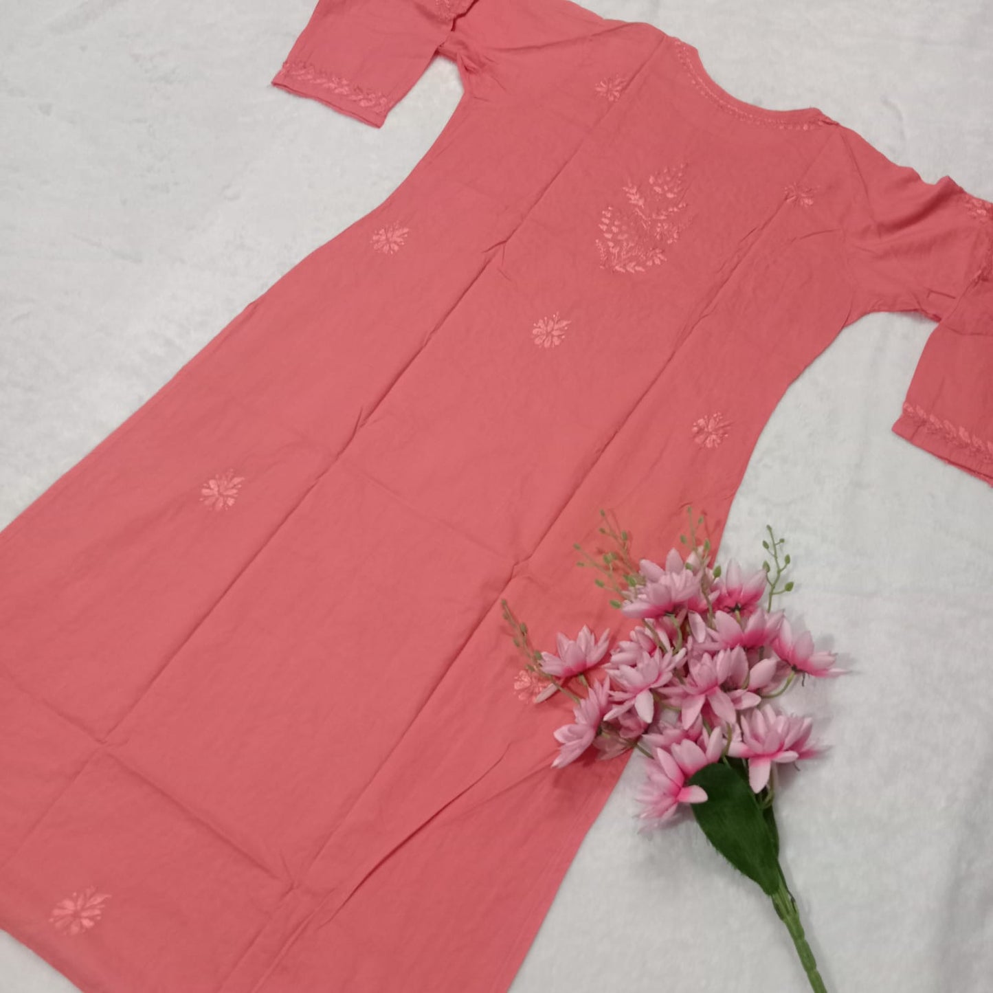 EXCLUSIVE PURE COTTON CHIKANKARI DYED KURTI -LIGHT GAZRI - Chikankaar