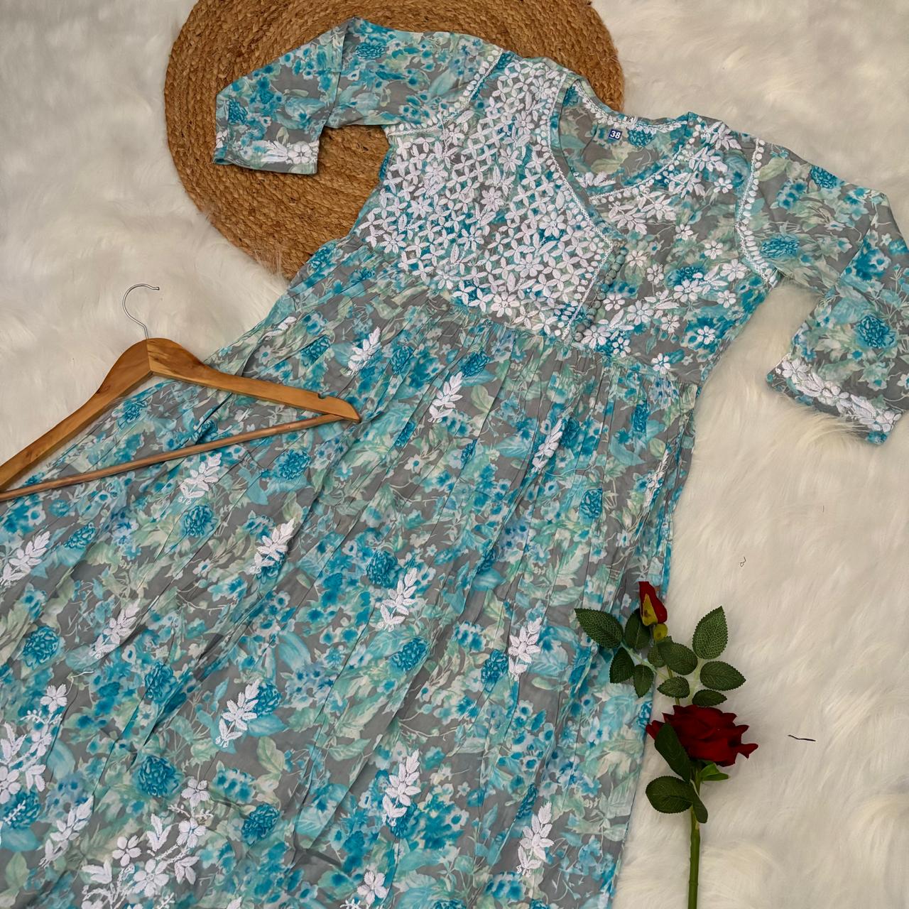 Zainab Pure Mulmul Cotton Gown - Sky Blue Colour - Chikankaar