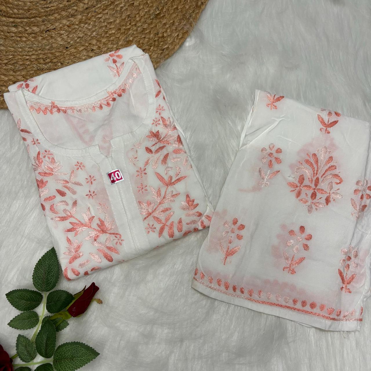 Aleena Rayon Chikankari Kurti Plazo Set - White Peach color - Chikankaar