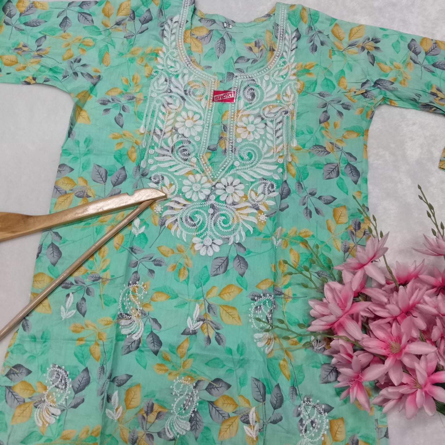 Mulmul Cotton Chikankari Short Kurti - Light Sea Green Colour