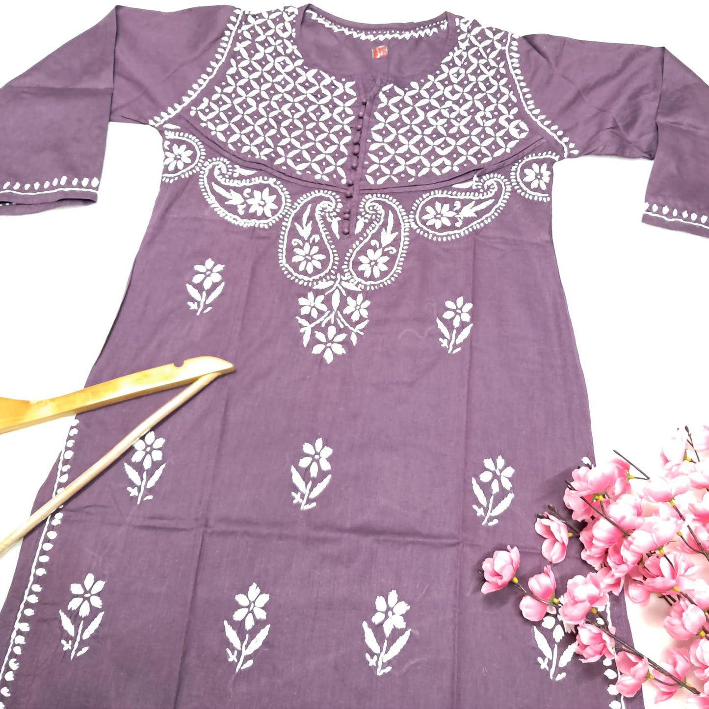 Adiva Pure Cotton Chikankari Handwork Kurti - Wine Colour - Chikankaar