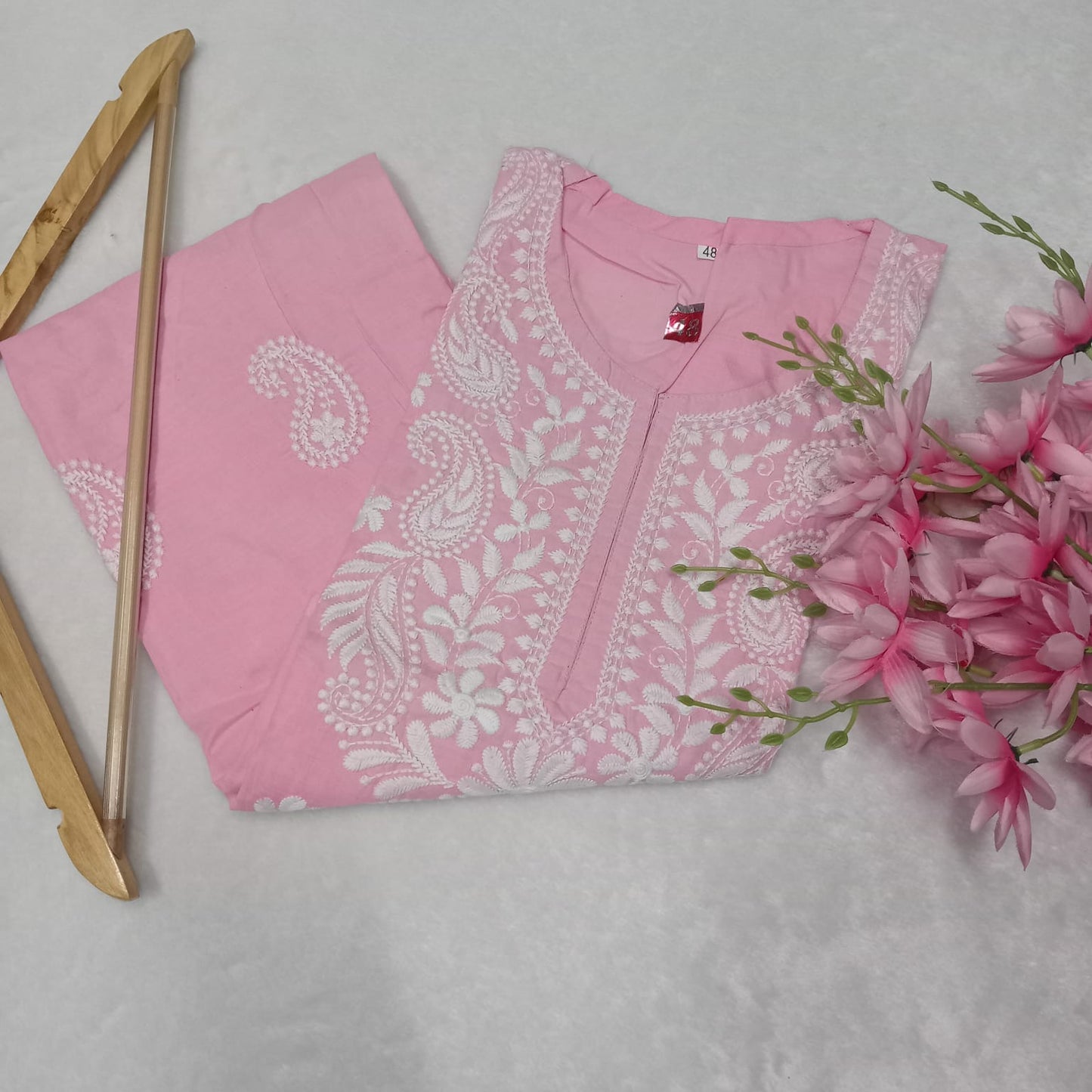 Cotton Machine Work Chikankari Kurti - Pink Colour - Chikankaar