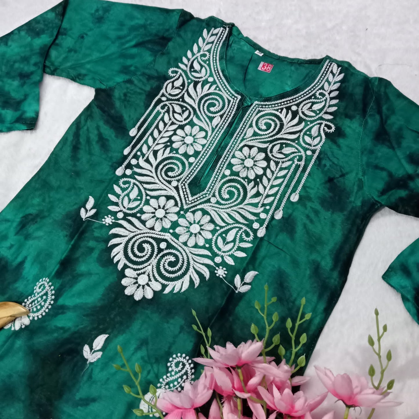 RAYON TIE & DYE CHIKANKARI MACHINE WORK KURTI -PINE GREEN COLOUR - Chikankaar