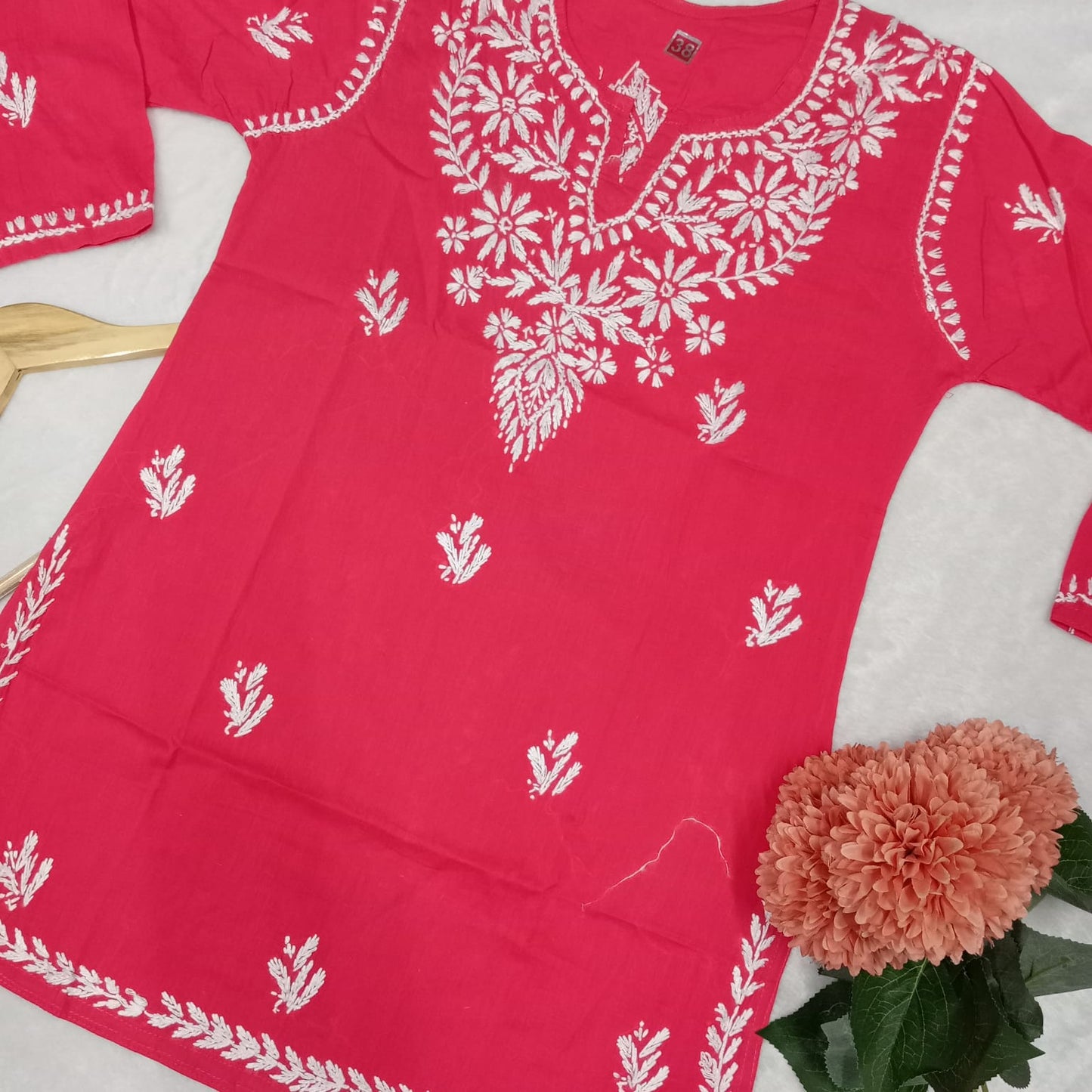 COTTON CHIKANKARI HANDWORK SHORT KURTI -GAZRI COLOUR - Chikankaar