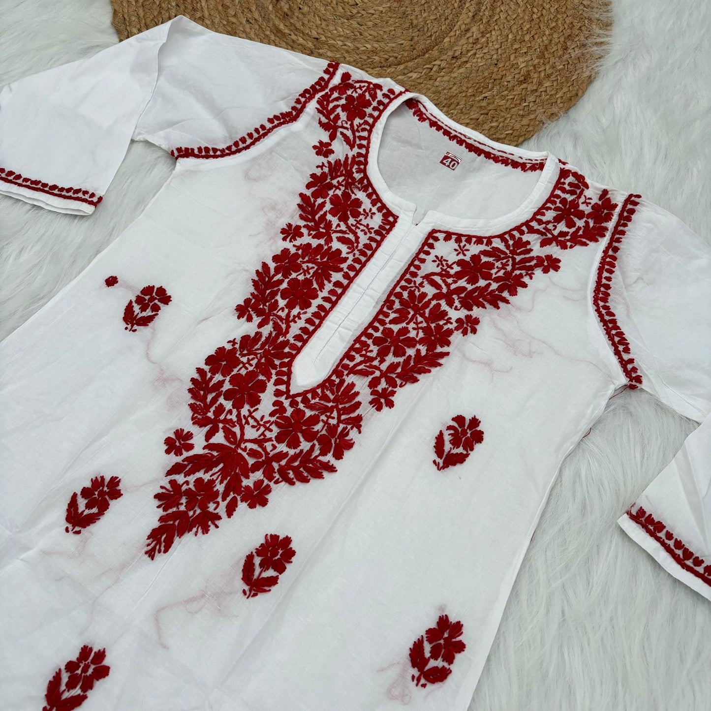 Shraddha Kapoor inspired Pure Cotton Chikankari Kurti - Red Colour - Chikankaar
