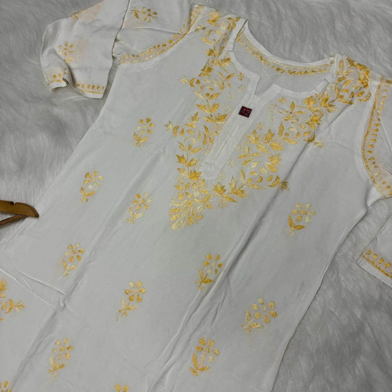 Aleena Rayon Chikankari Kurti Plazo Set - White Yellow color - Chikankaar