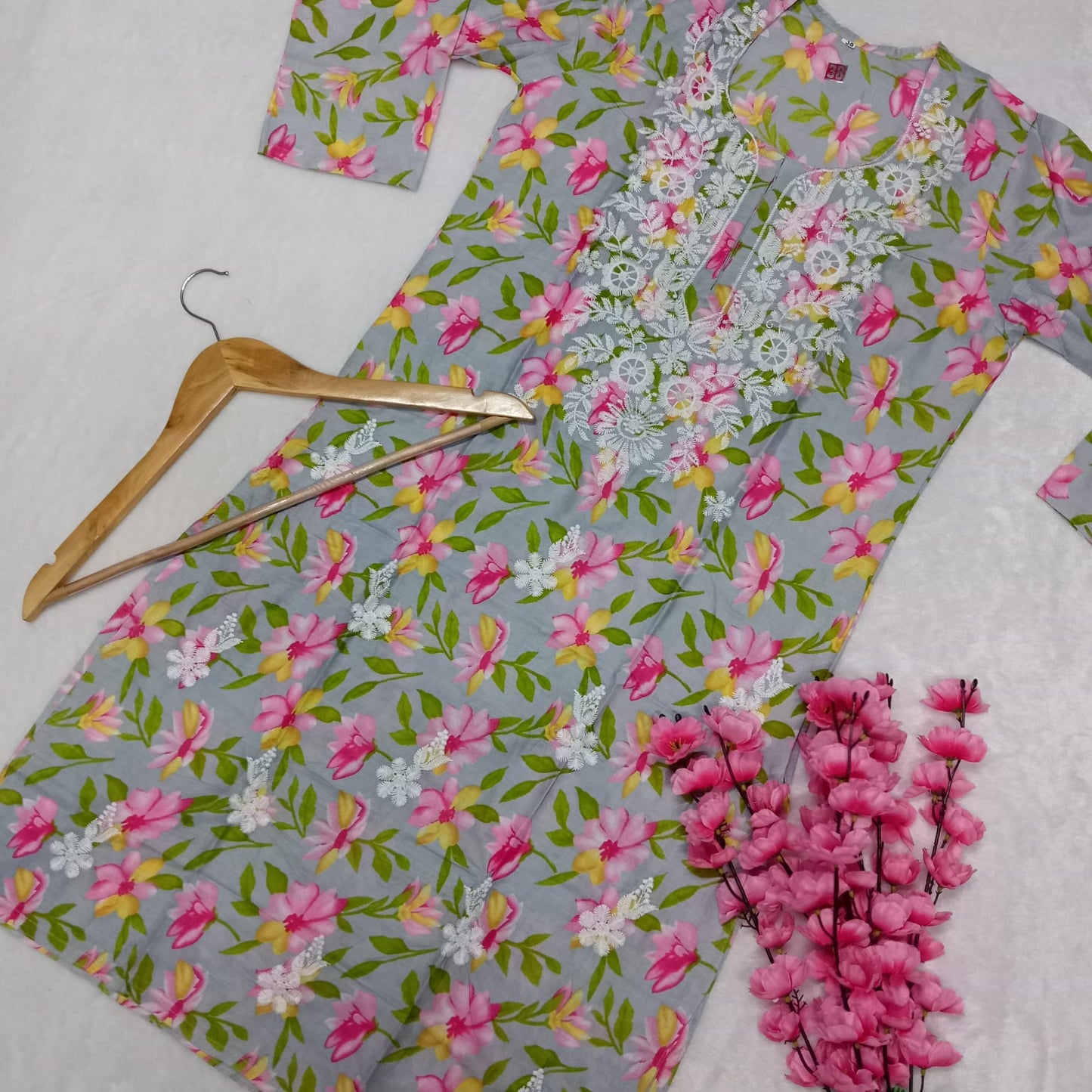 Mulmul Cotton Chikankari Machine Work Kurti -Grey Colour - Chikankaar
