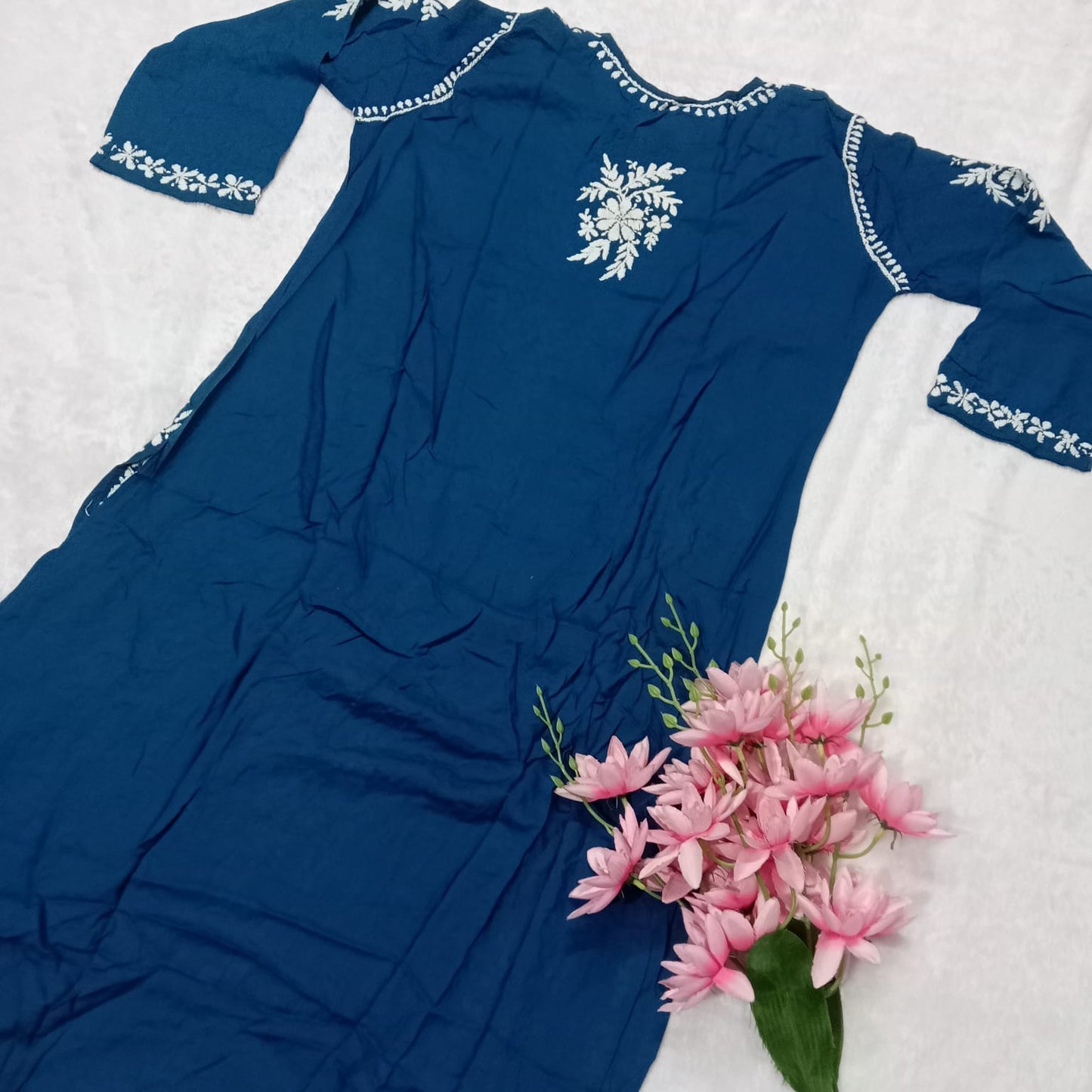 PREMIUM MODAL SILK CHIKANKARI KURTI - BLUE COLOUR - Chikankaar