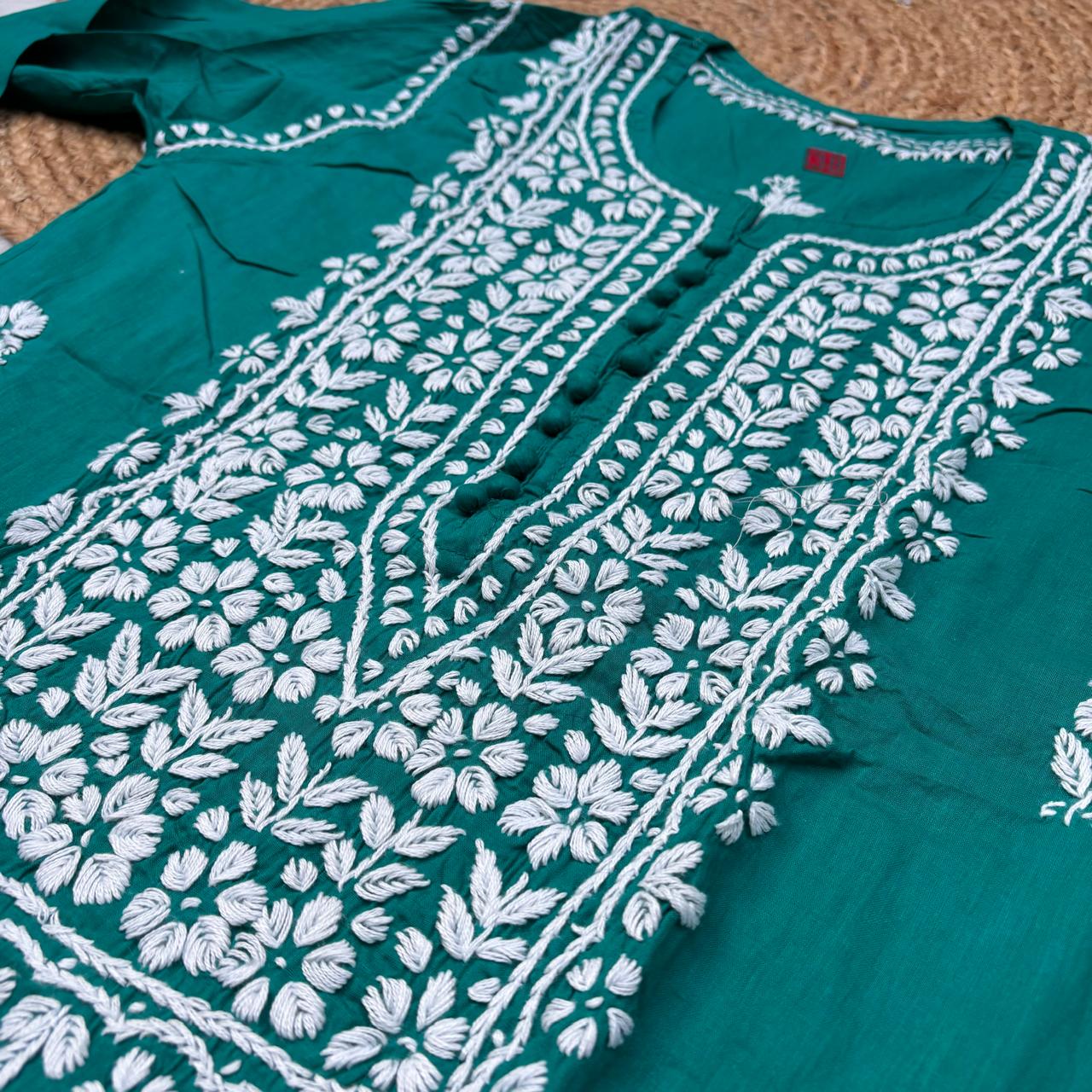 Shanaya Pure Cotton Chikankari Kurti Sea Green Colour