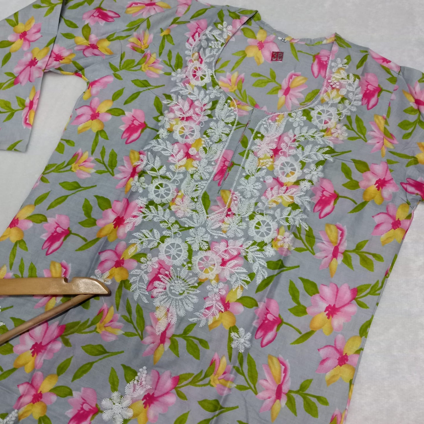 Mulmul Cotton Chikankari Machine Work Kurti -Grey Colour - Chikankaar
