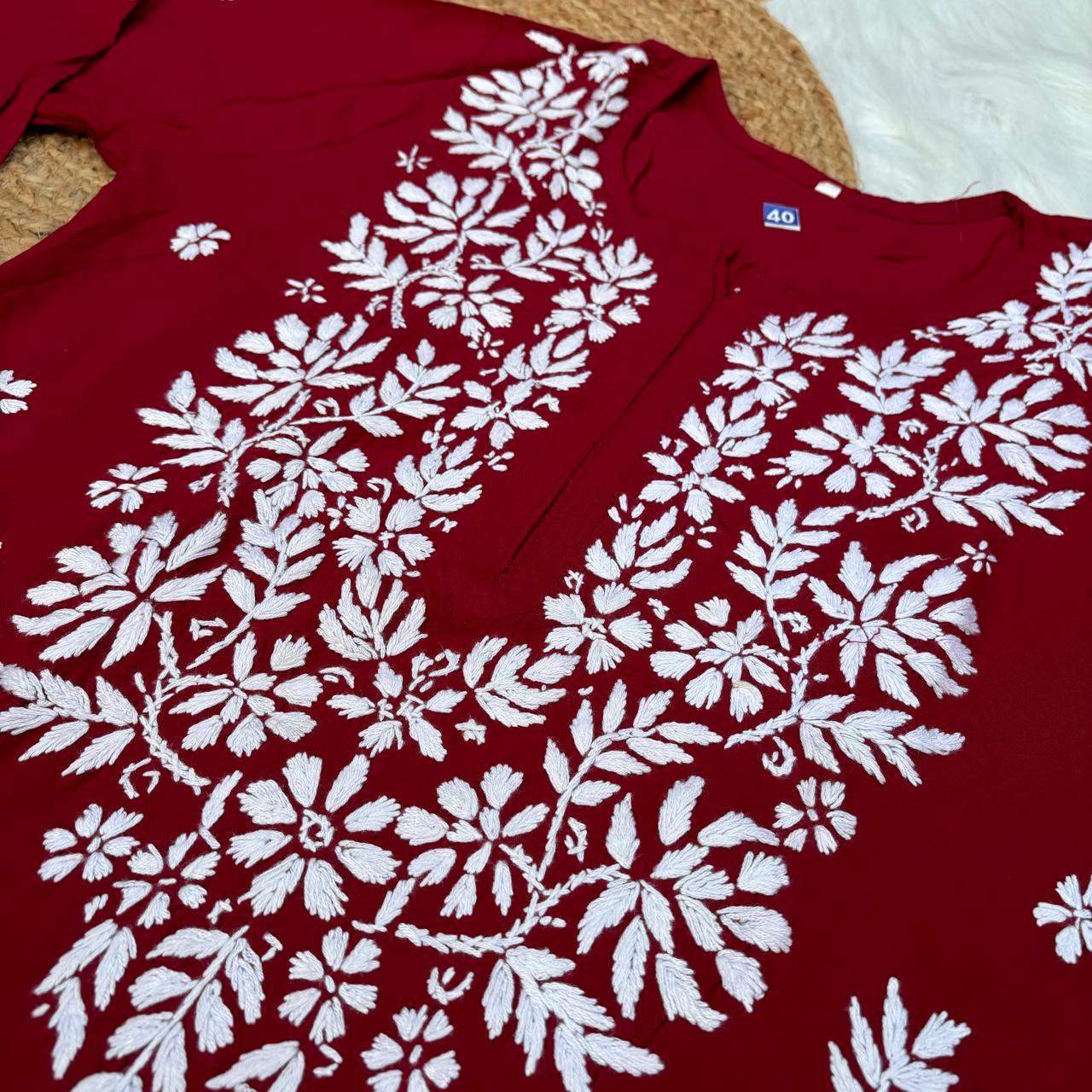 Jannat Soft Rayon Chikankari Kurti Plazo Set - Maroon colour - Chikankaar