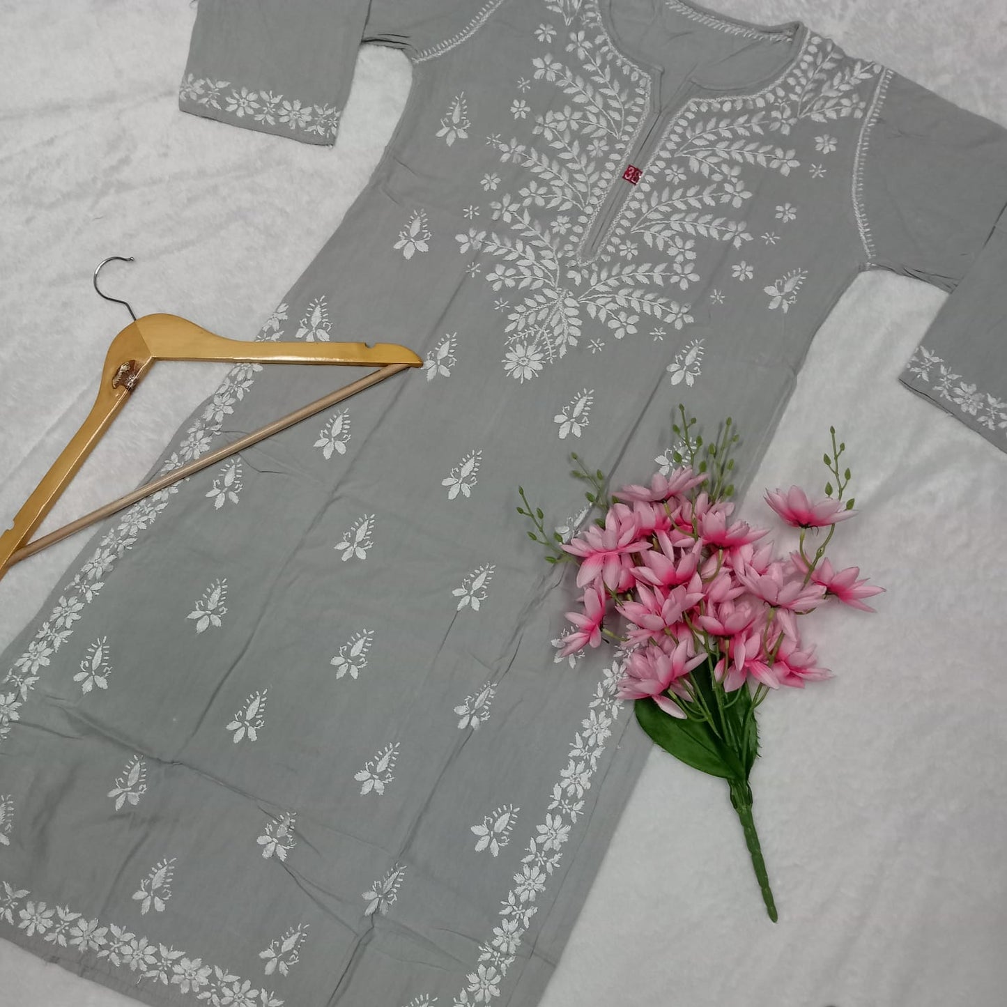 Soft Rayon Chikankari Ghaspatti Work Kurti Grey -Colour - Chikankaar
