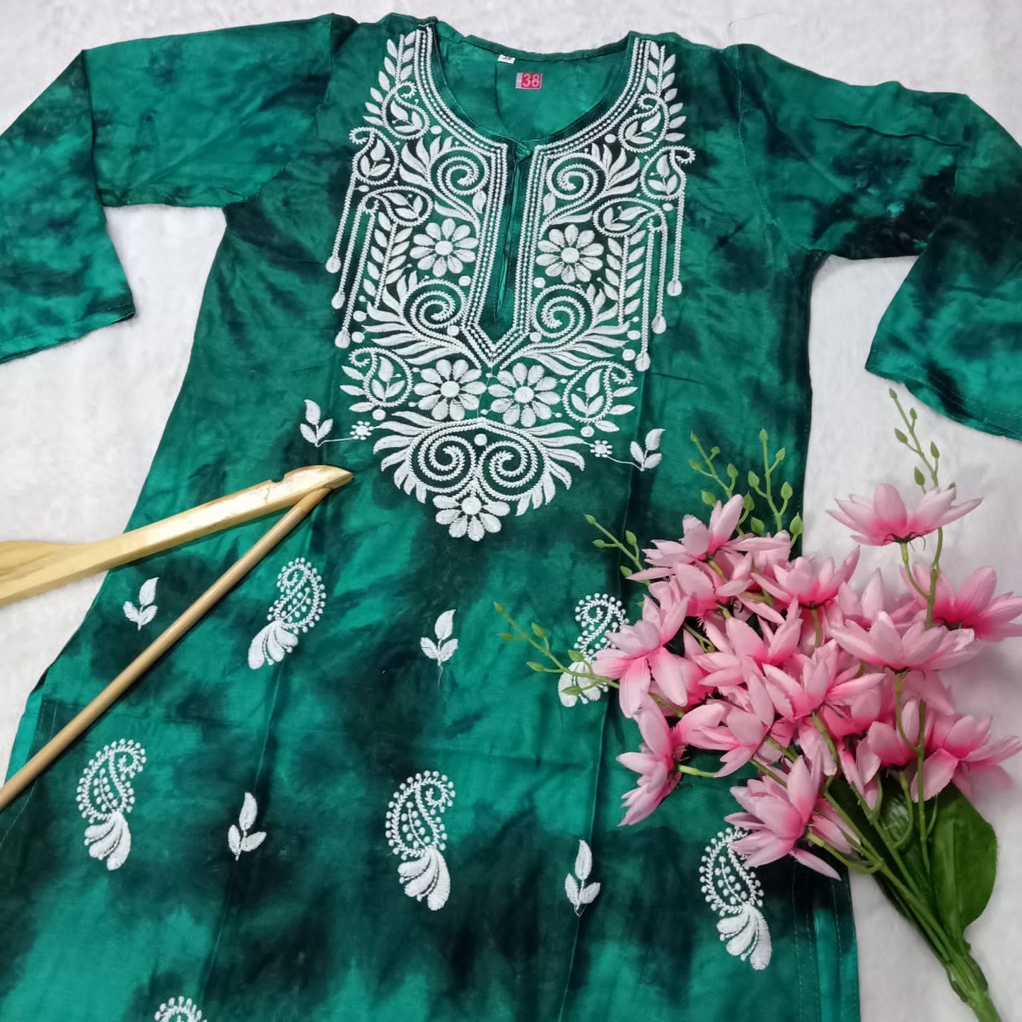 RAYON TIE & DYE CHIKANKARI MACHINE WORK KURTI -PINE GREEN COLOUR - Chikankaar