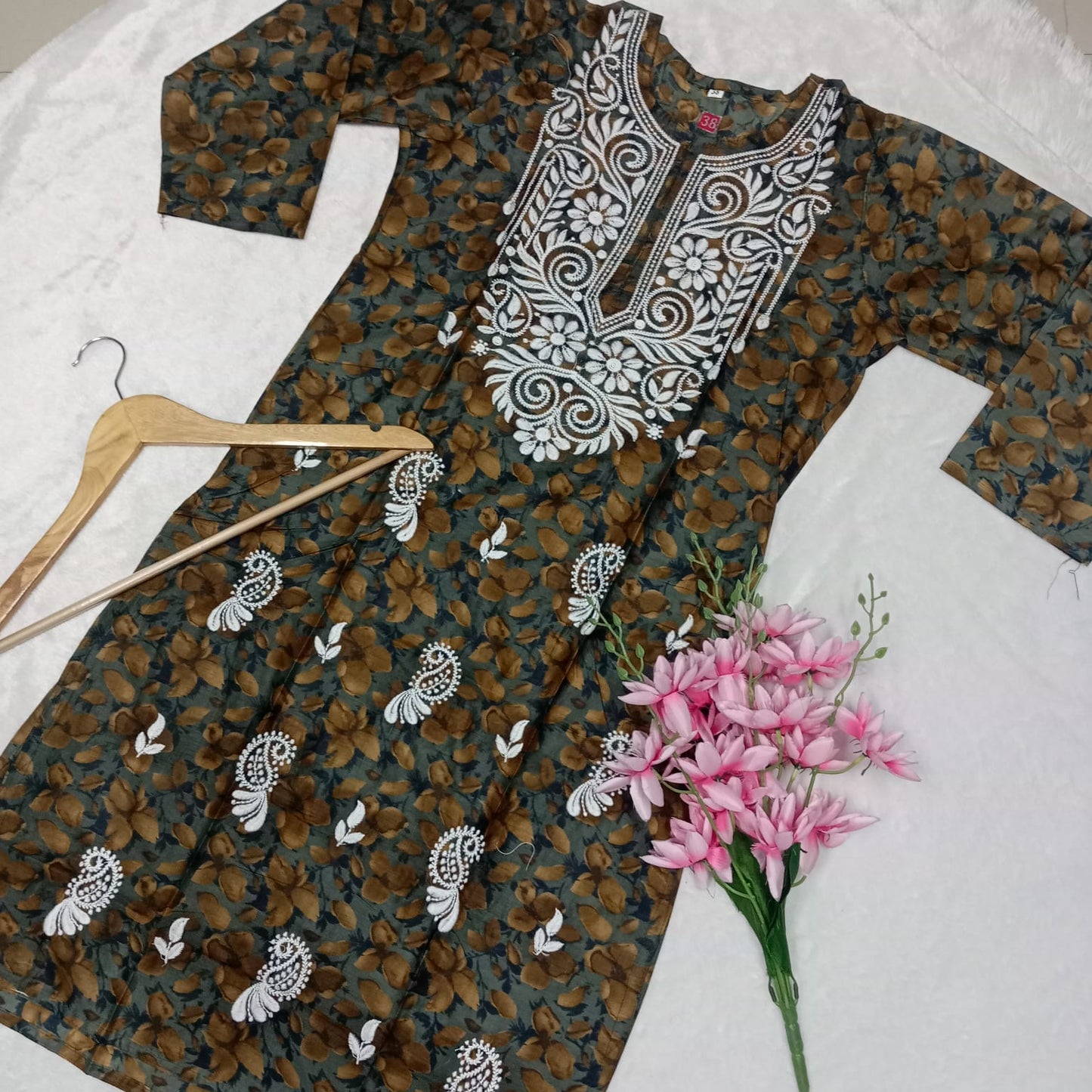 Cotton Silk Chikankari Machine Work Kurti - Dark Green Colour - Chikankaar