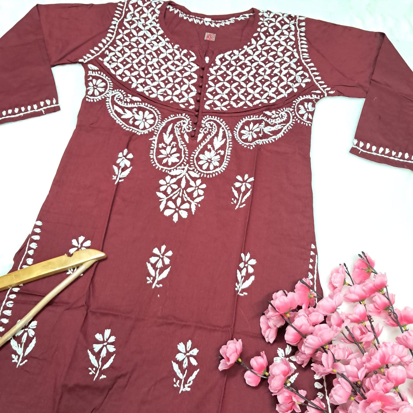 Adiva Pure Cotton Chikankari Handwork Kurti - Maroon Colour - Chikankaar