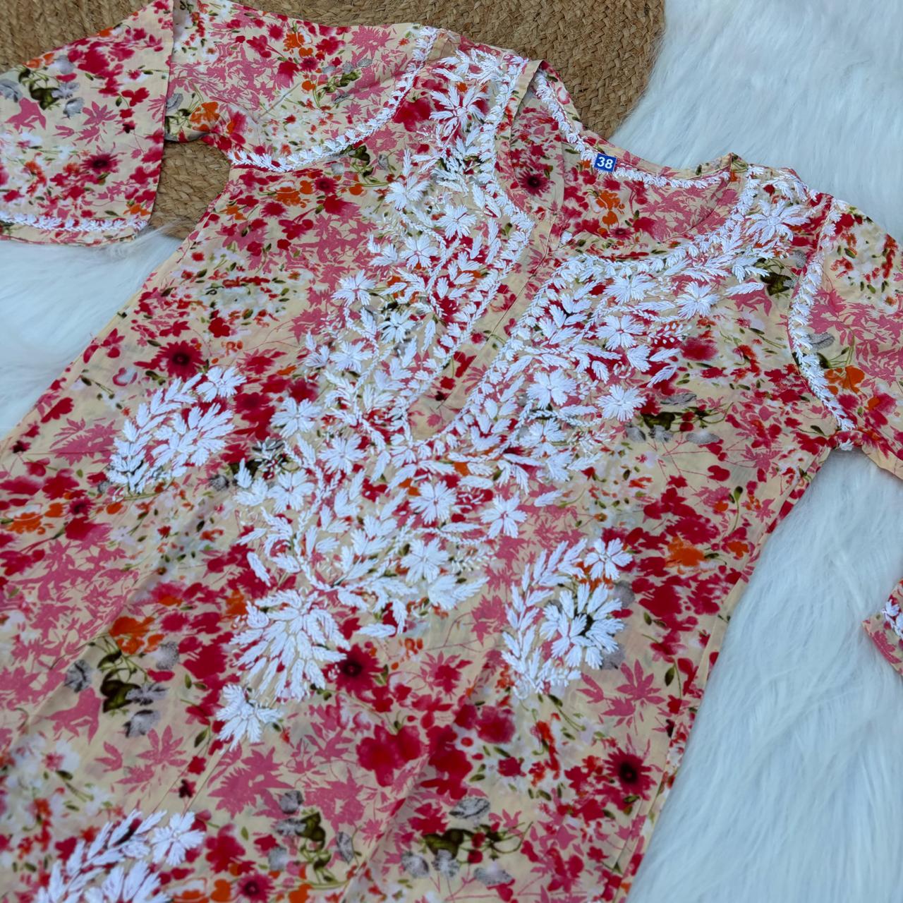 Fatima Pure Mulmul Chikankari Handwork Kurti - Red Colour - Chikankaar
