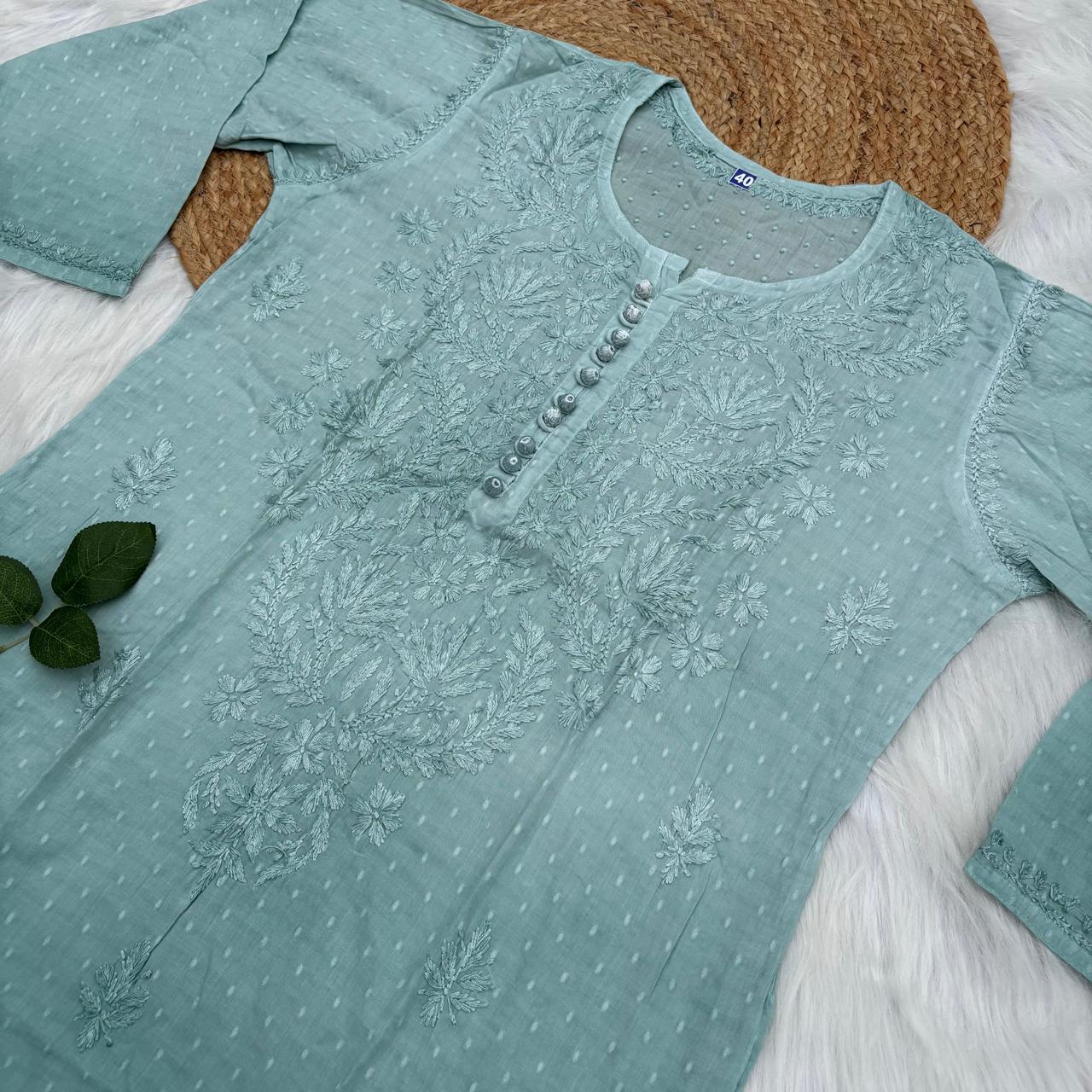 Farah Ombre Shaded Dobby Cotton Chikankari Kurti - Pista green colour