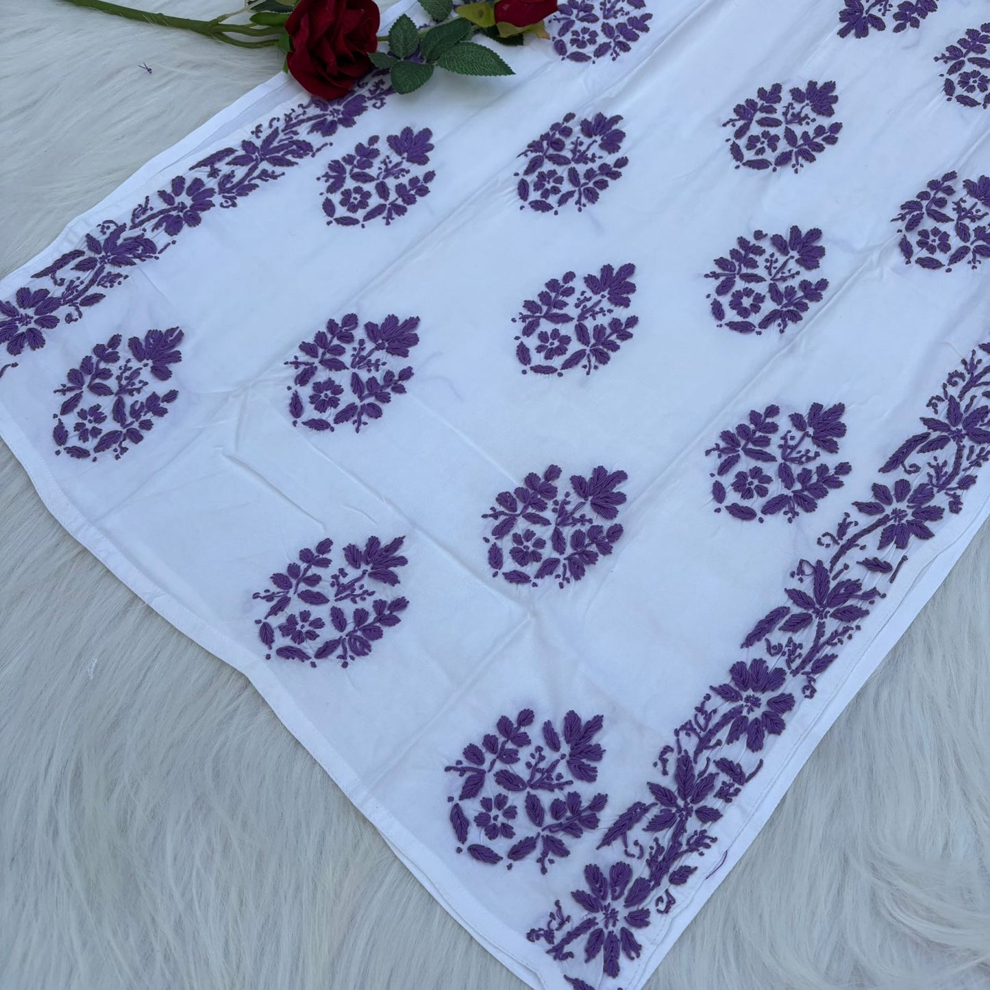 Amira Soft Rayon Chikankari Kurti - Purple on White Color - Chikankaar