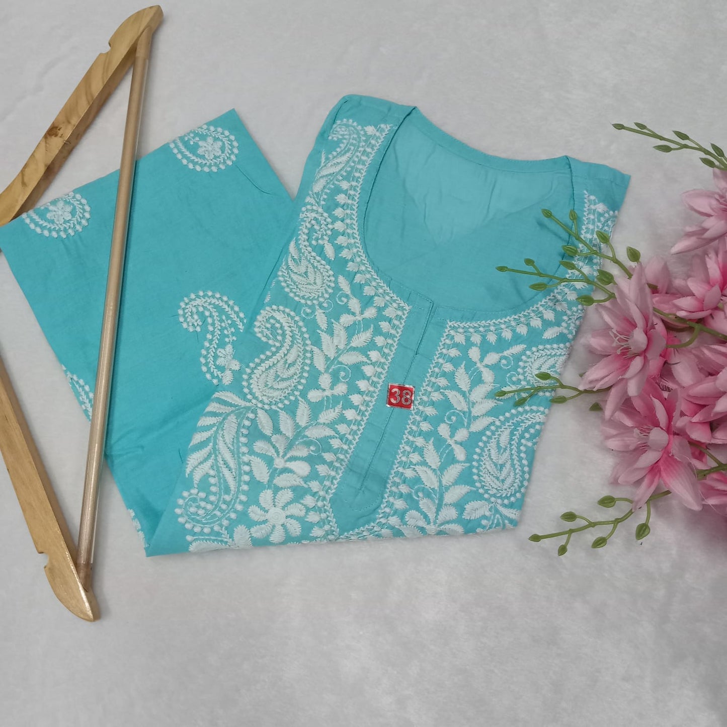 Cotton Machine Work Chikankari Kurti - Sky Blue Color - Chikankaar