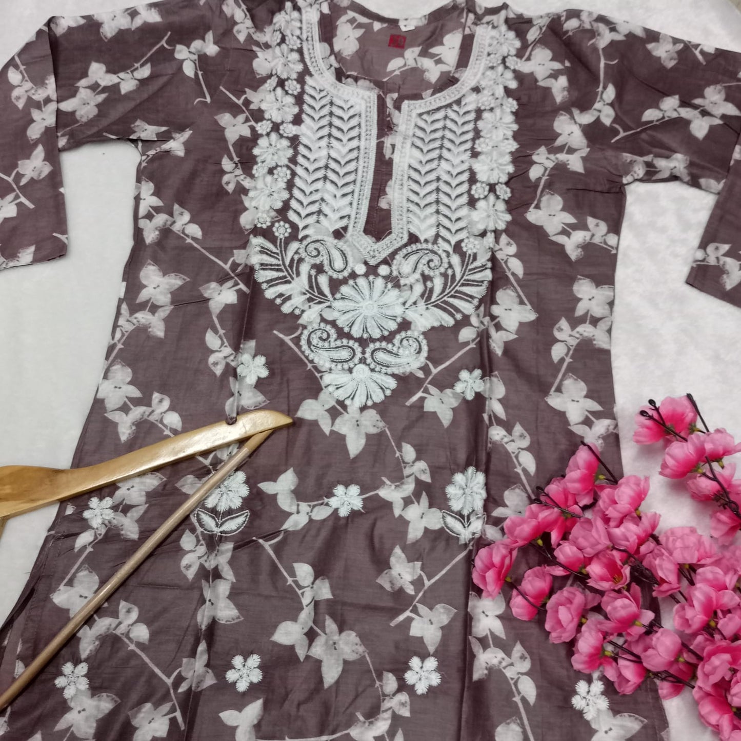 Mulmul Cotton Chikankari Machine Work Kurti -Brown Colour - Chikankaar