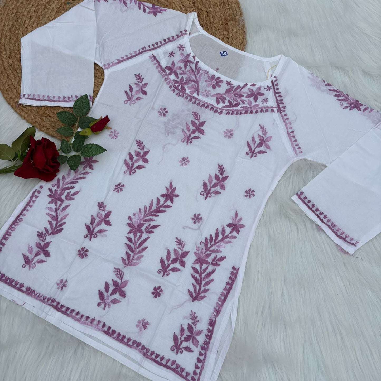 Alia Soft Rayon Chikankari Short Kurti - White Mauve Color - Chikankaar