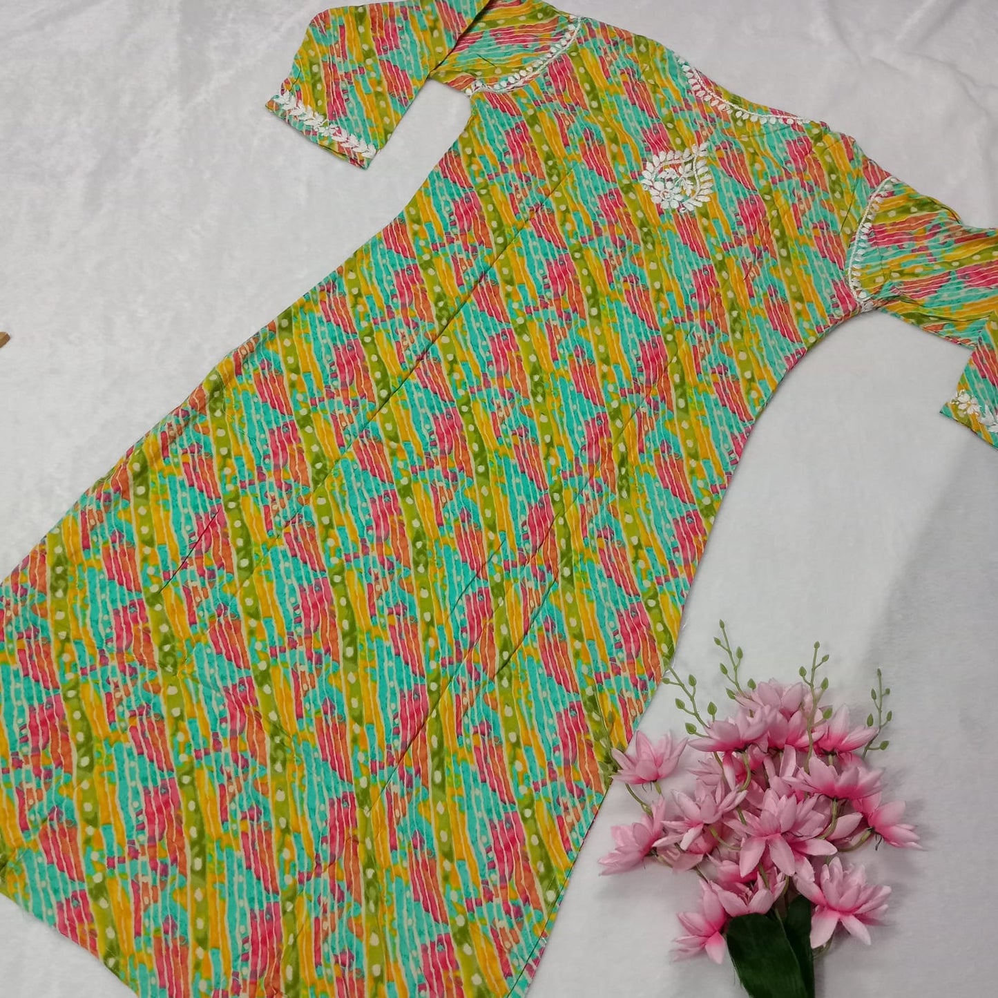 Pure Rayon Multiprinted Chikankari Kurti - Multicolor - Chikankaar