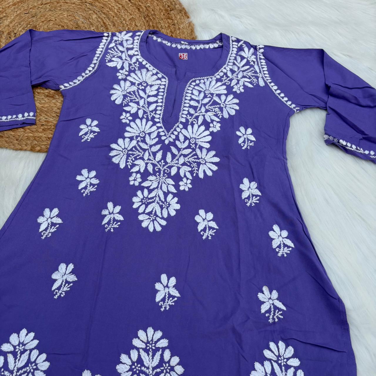 Ina Soft Rayon Chikankari Short Kurti - Purple Colour - Chikankaar