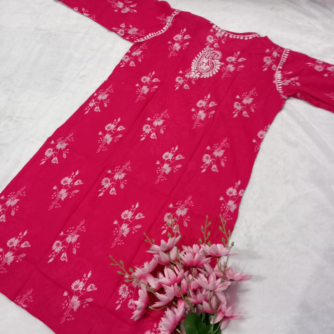 Pure Mulmul Printed Chikankari Kurti-dark Rani Colour - Chikankaar