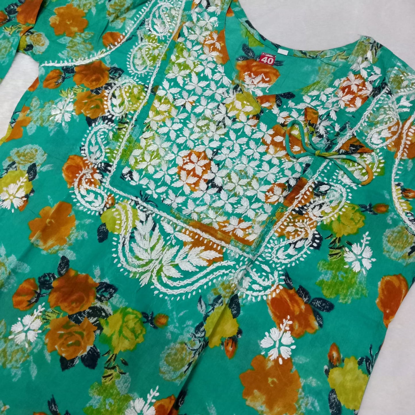 Masooma Mulmul Floral Printed Chikankari Handwork Kurti - Sea Green Colour - Chikankaar