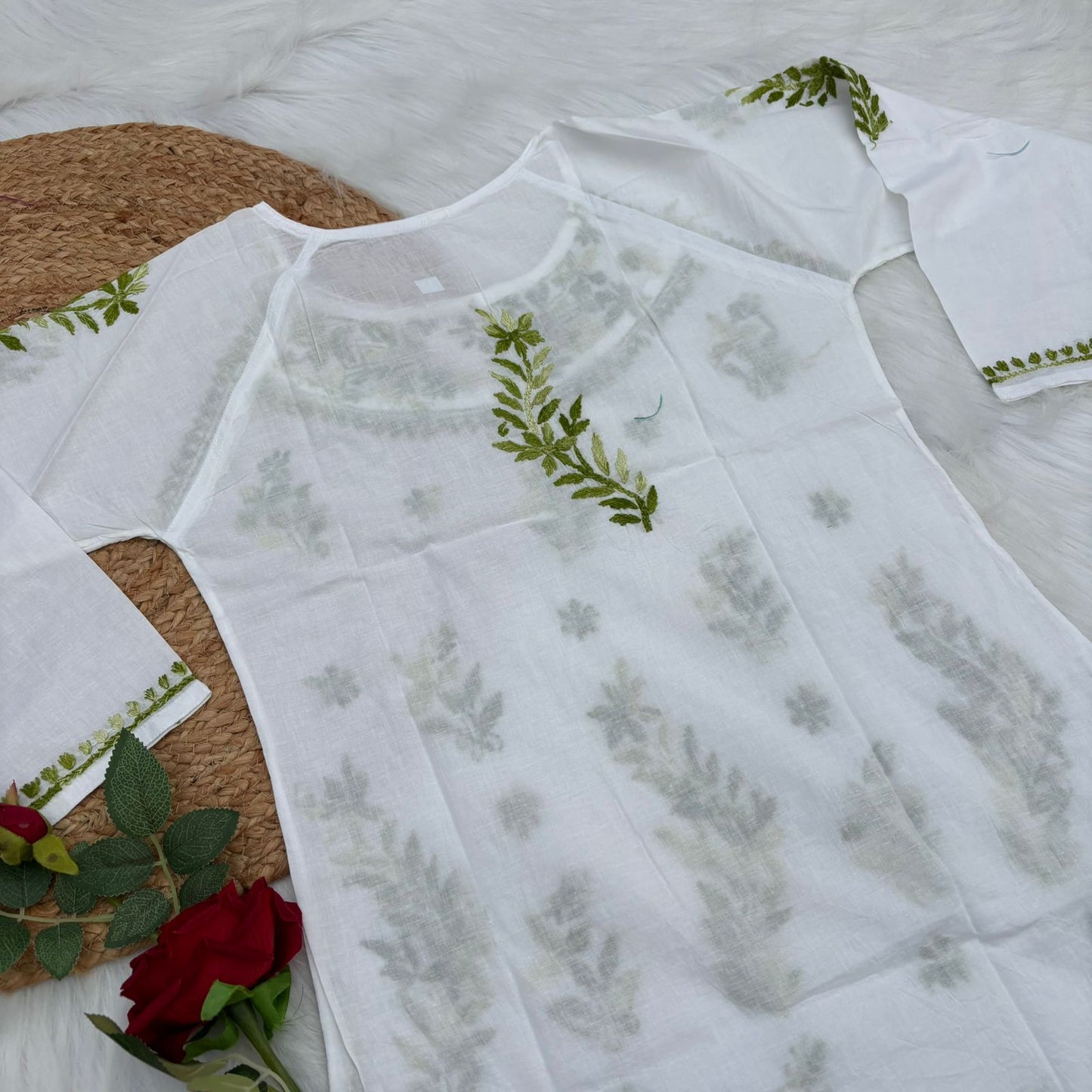 Alia Soft Rayon Chikankari Short Kurti - White Green Color - Chikankaar