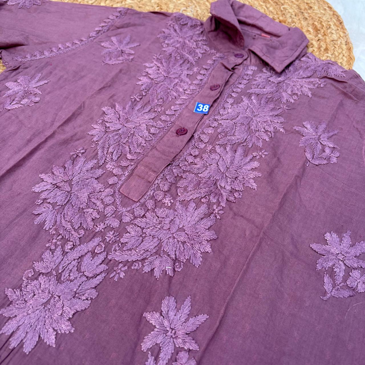 Sadia Dobby Cotton Ombre Shaded Chikankari Kurti with Collar - Wine Colour