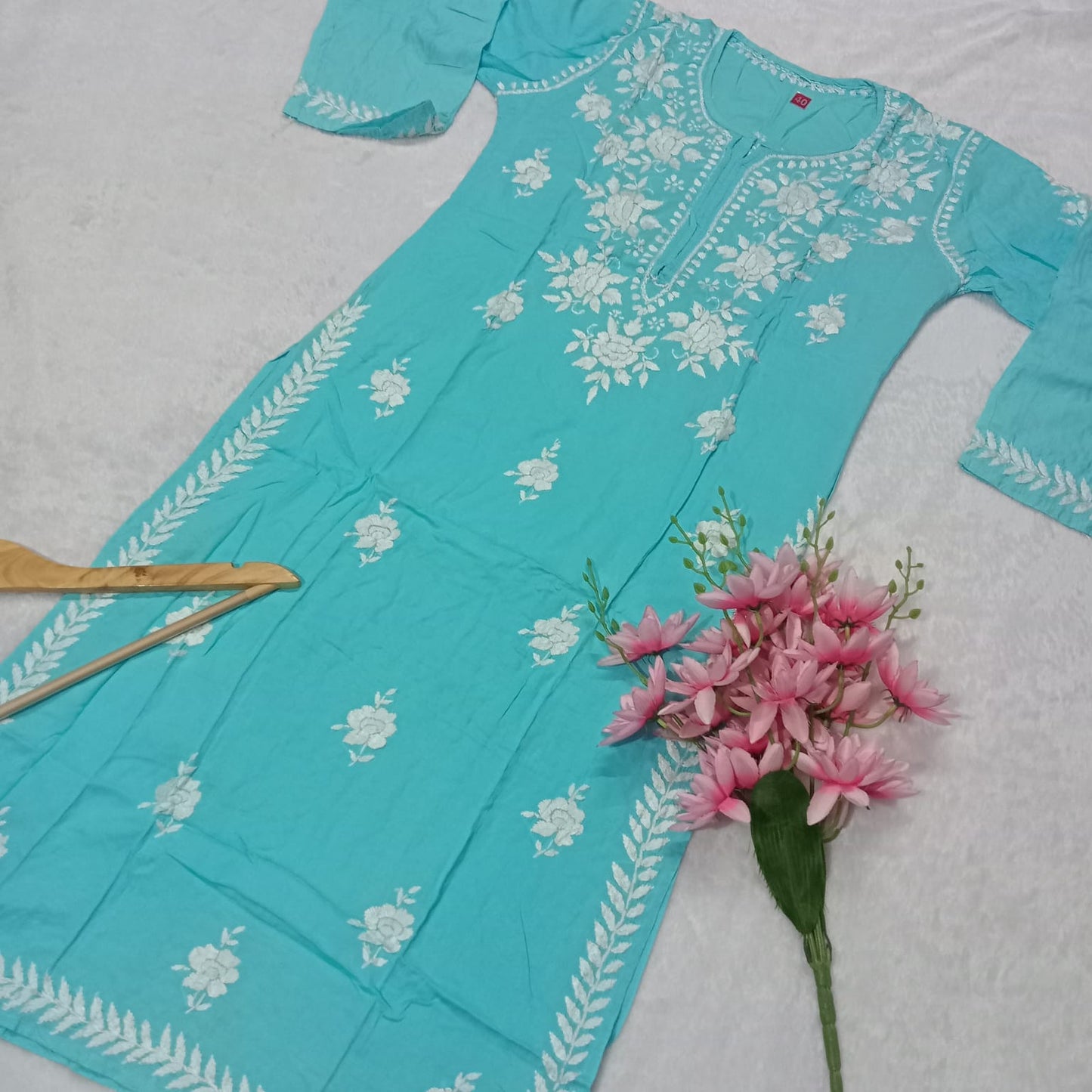 Premium Rose Modal Silk Chikankari Kurti - Sky Blue - Chikankaar