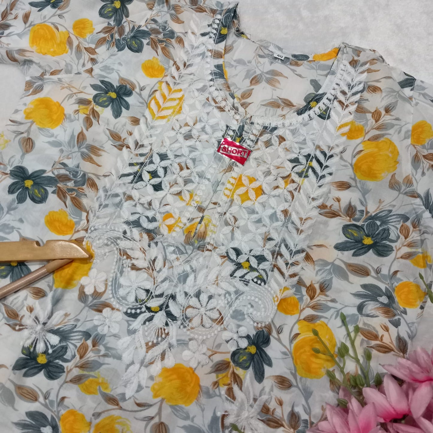Mulmul Cotton Chikankari Short Kurti - Grey Colour - Chikankaar