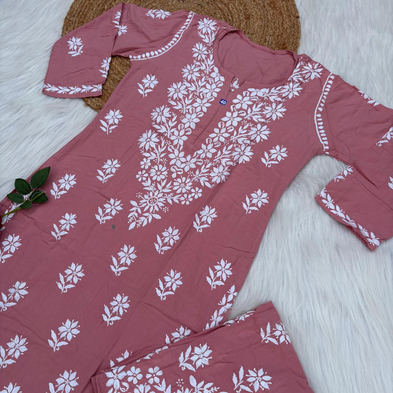 Maya Rayon Chikankari Kurti Plazo Set - Blush Colour