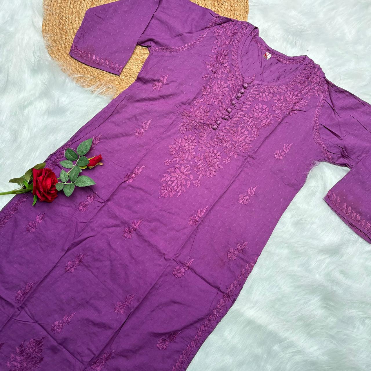 Adaah Ombre Shaded Dobby Cotton Chikankari Kurti - Wine - Chikankaar
