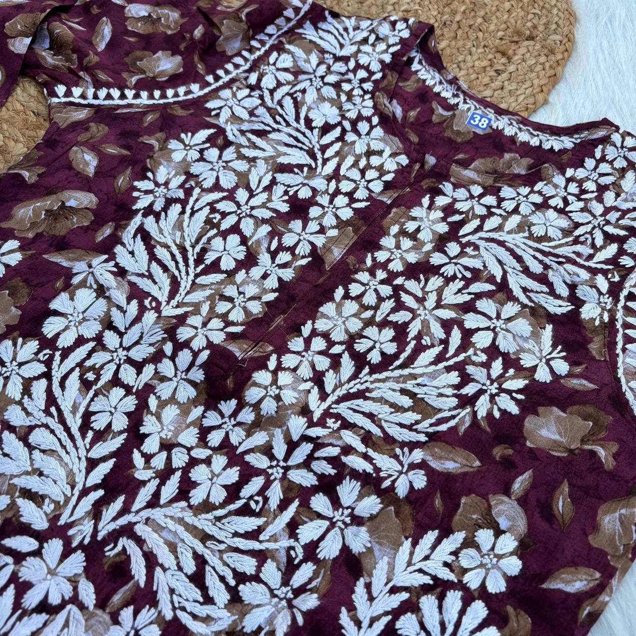 Sana Pure Mulmul Chikankari Handwork Kurti - Wine Colour
