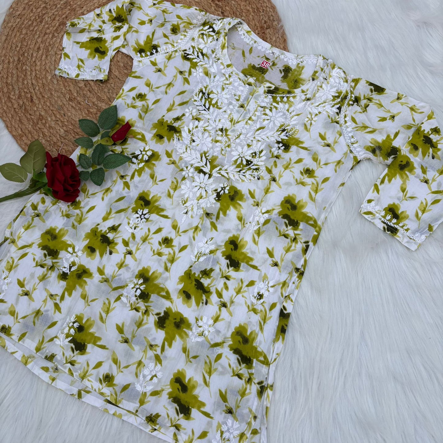 Asma Pure Mulmul Cotton Short Kurti - Green Colour - Chikankaar