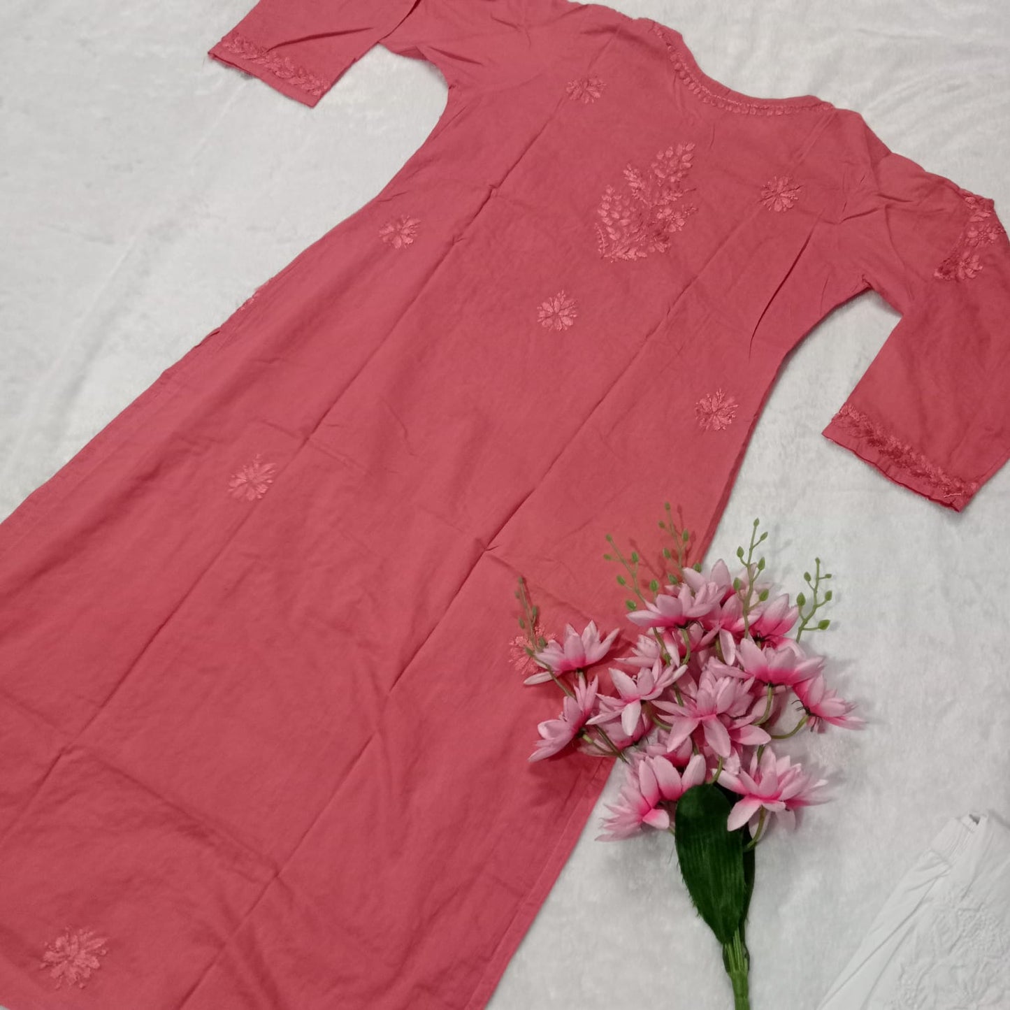 EXCLUSIVE PURE COTTON CHIKANKARI DYED KURTI - GAZRI COLOUR - Chikankaar