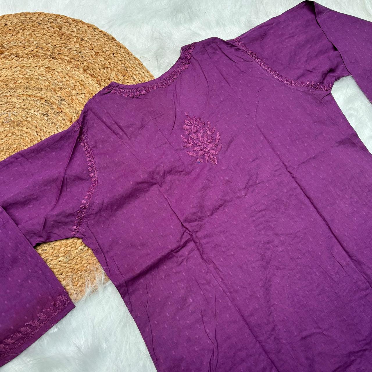 Adaah Ombre Shaded Dobby Cotton Chikankari Kurti - Wine - Chikankaar