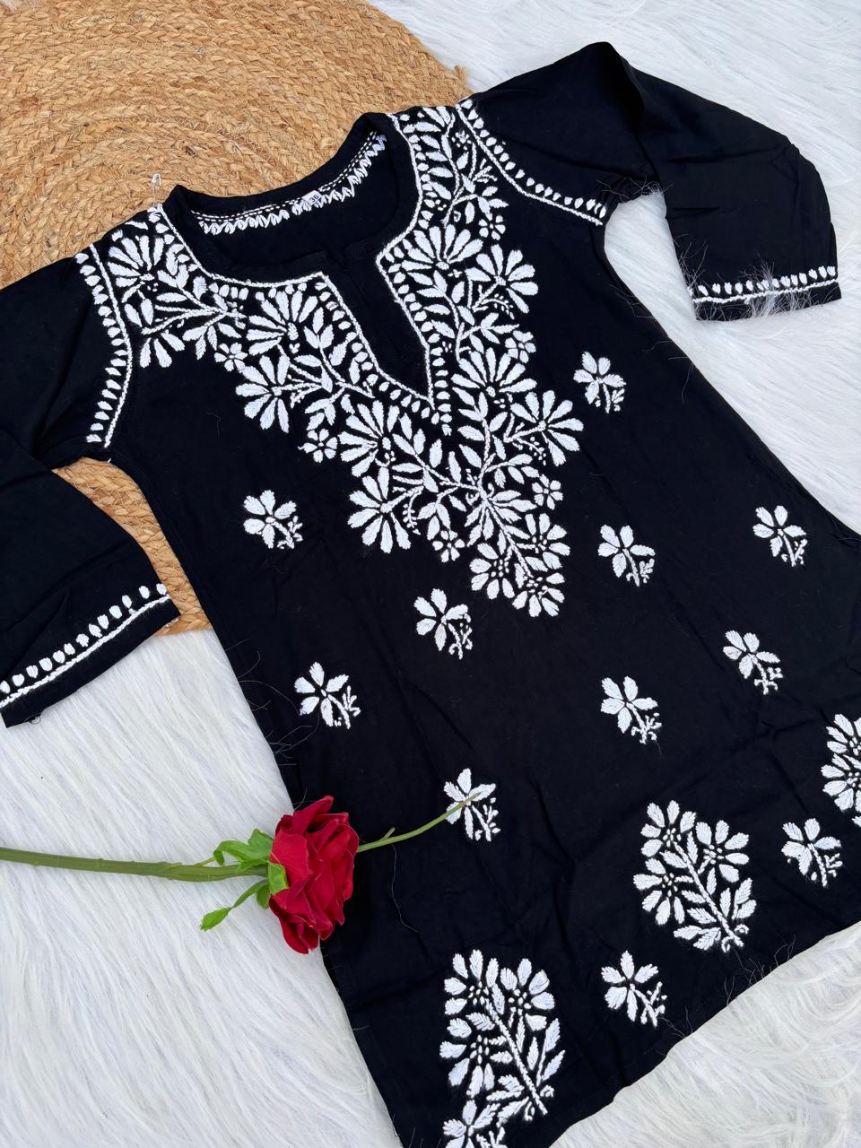 Ina Soft Rayon Handwork Chikankari Short Kurti - Black Colour
