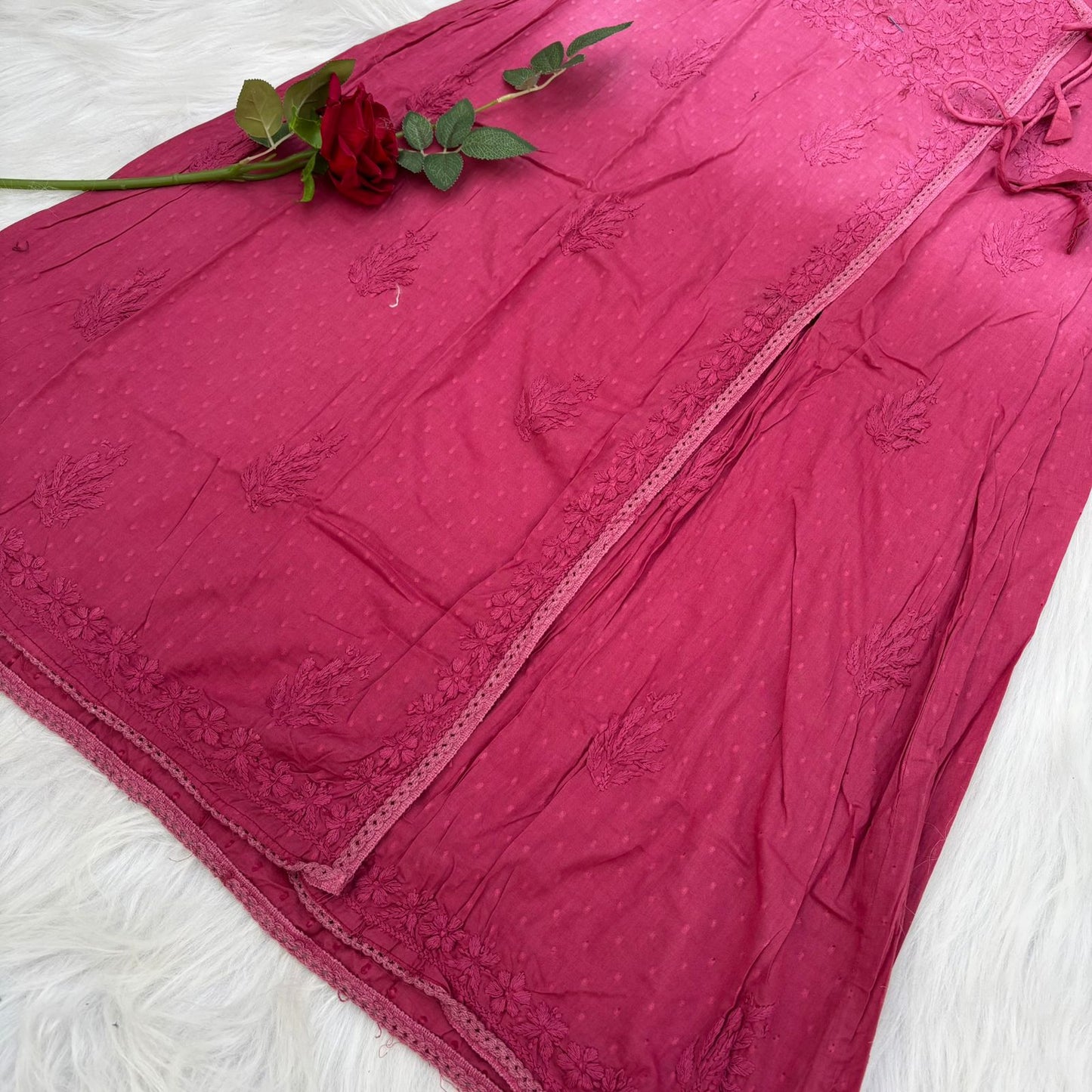 Shazia Ombre Shaded Dobby Cotton Chikankari Angarakha - Magenta Colour