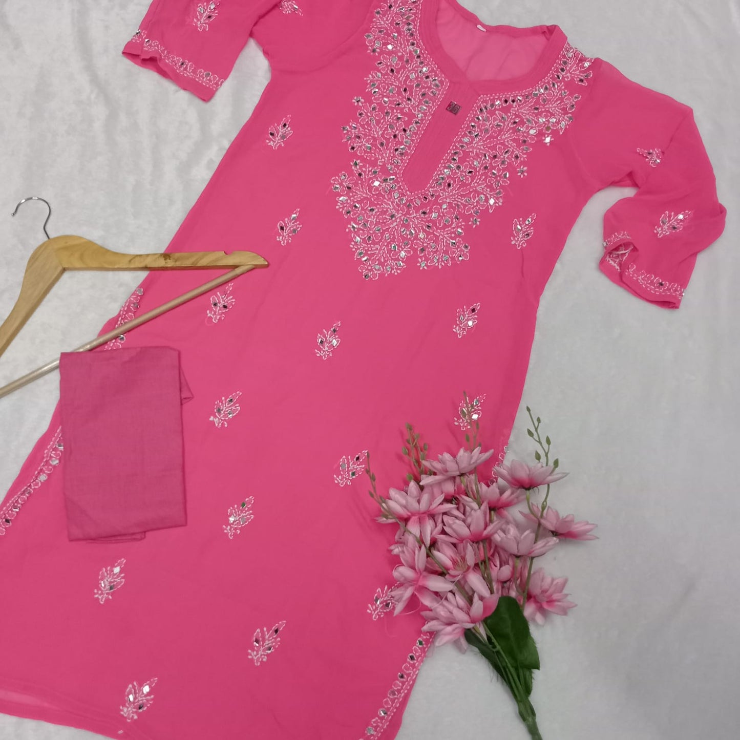Georgette Mirror Work Chikankari Kurti With Inner - Rani Colour - Chikankaar