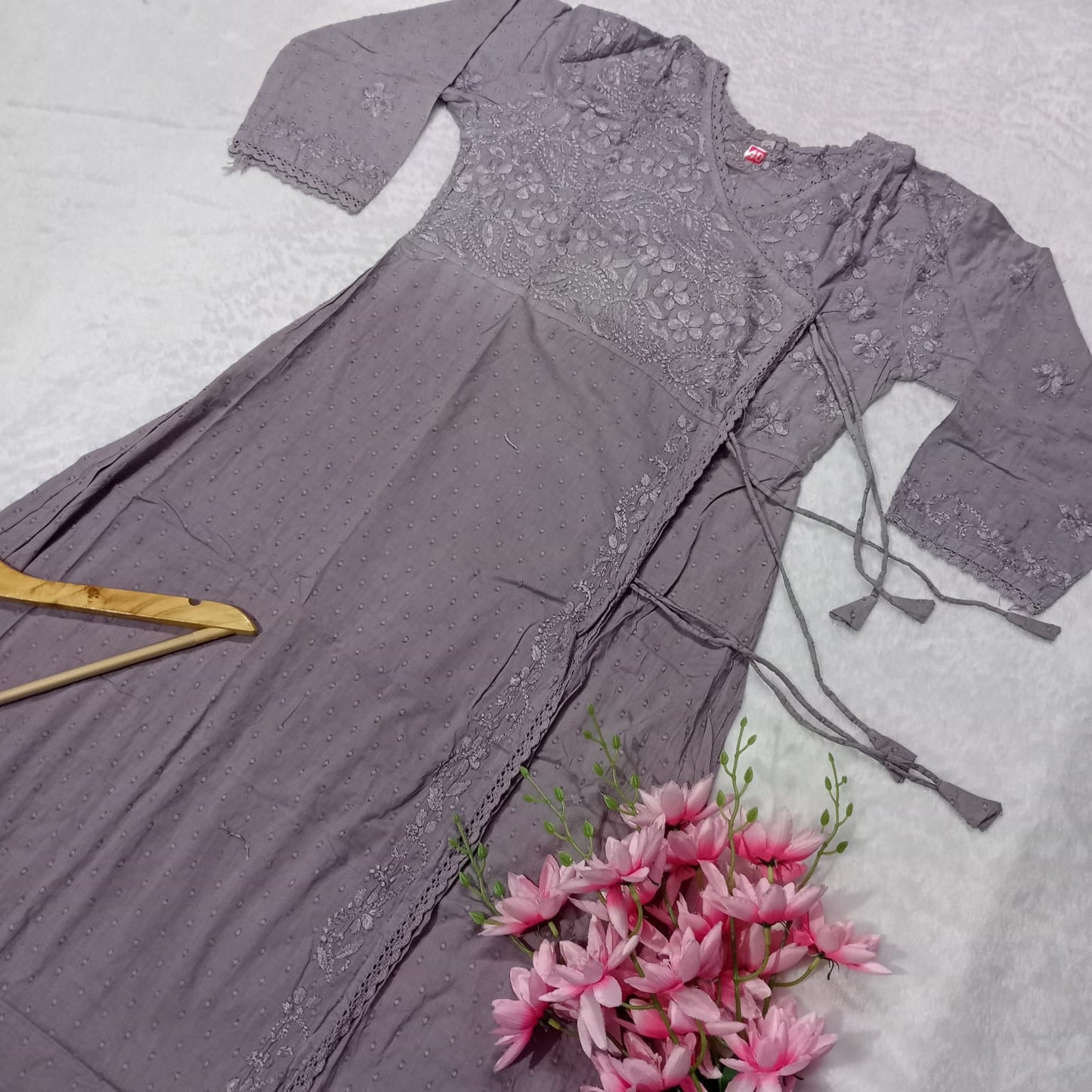 Ombre Shaded Dobby Cotton Chikankari Angarakha -Grey Colour - Chikankaar