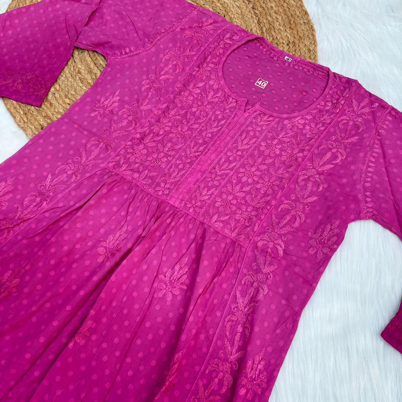Aliya Dobby Cotton Nyra Cut Chikankari Aline Kurti - Fucshia Colour - Chikankaar