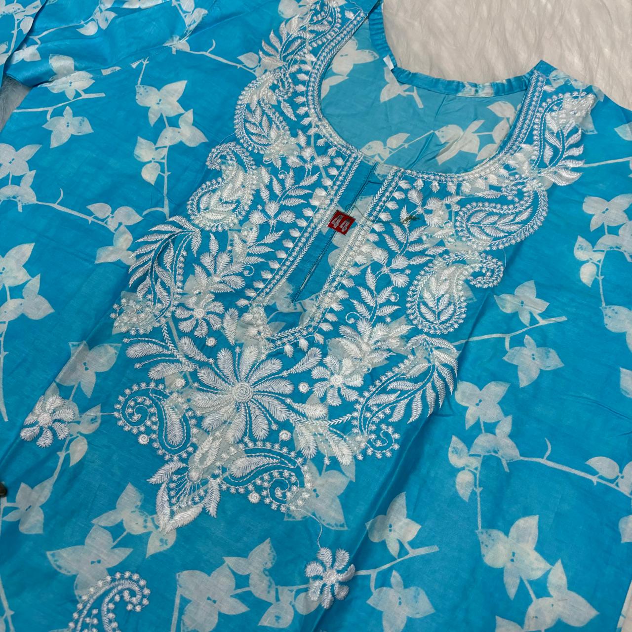 Mulmul Cotton Chikankari Machine Work Kurti -Sky Blue Colour - Chikankaar