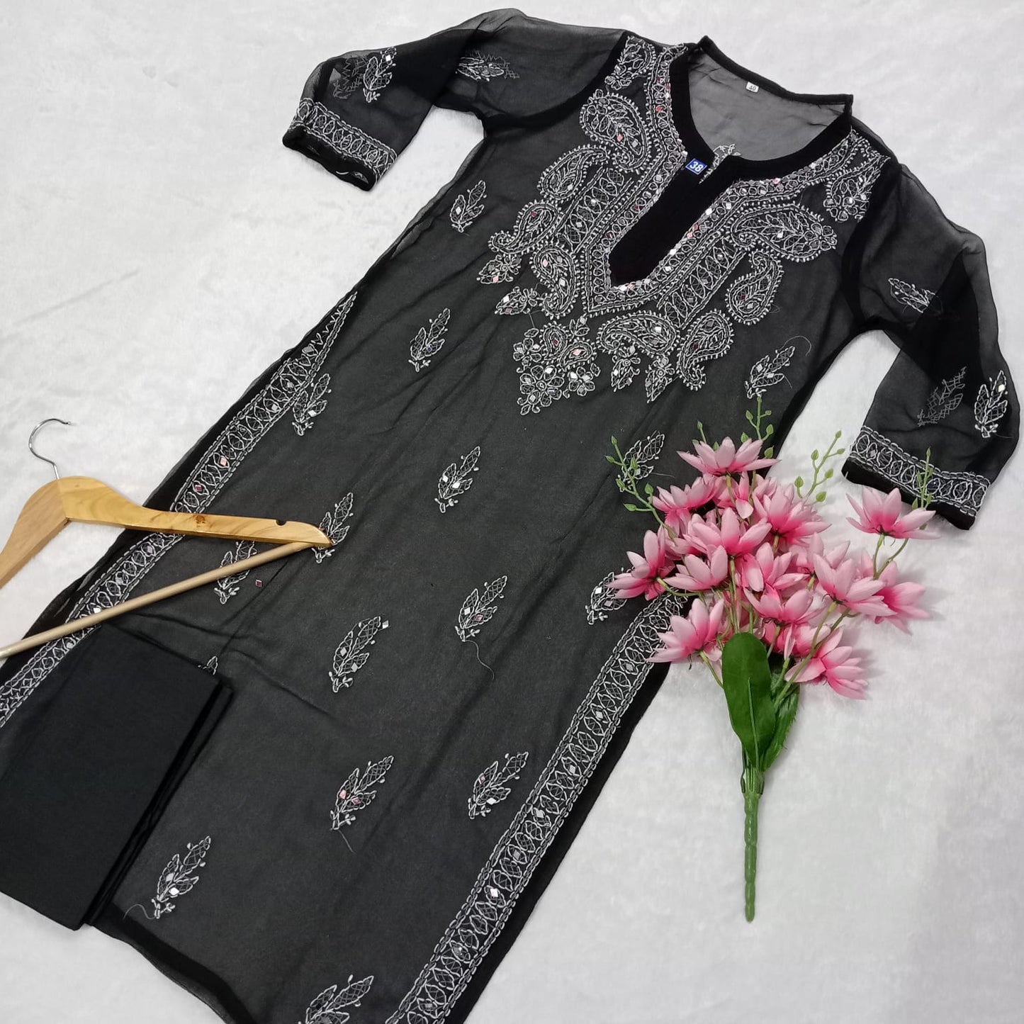 Georgette Mirror Work Chikankari Kurti With Inner- Black Colour - Chikankaar