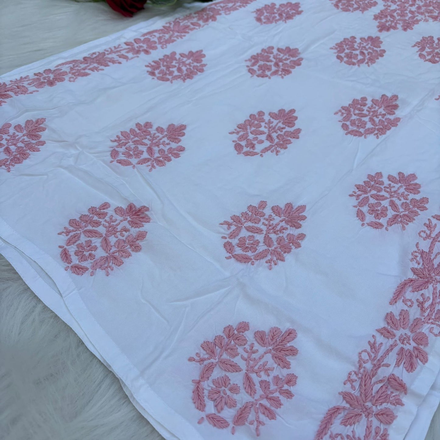 Amira Soft Rayon Chikankari Kurti - Pink on White Color - Chikankaar