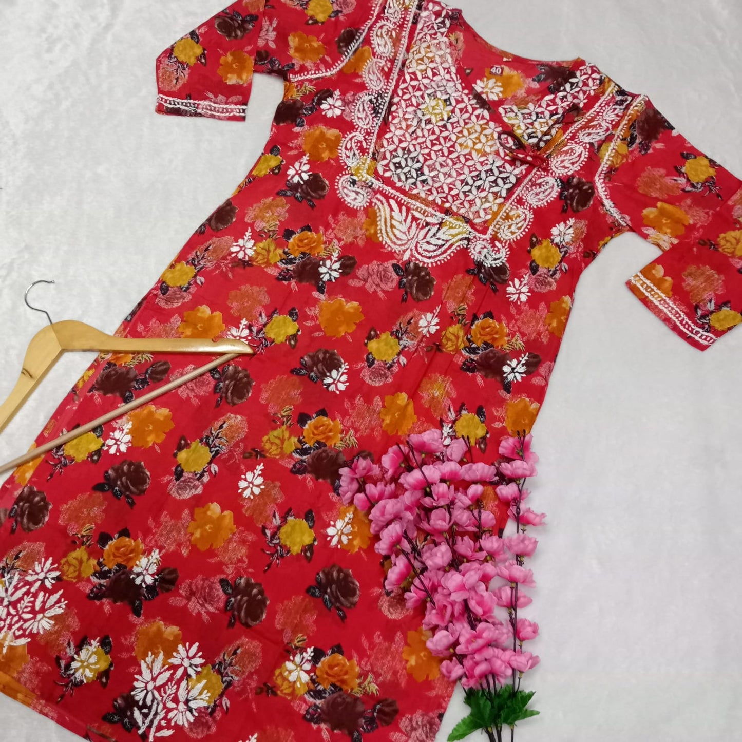 Masooma Mulmul Floral Printed Chikankari Handwork Kurti - Red Colour - Chikankaar