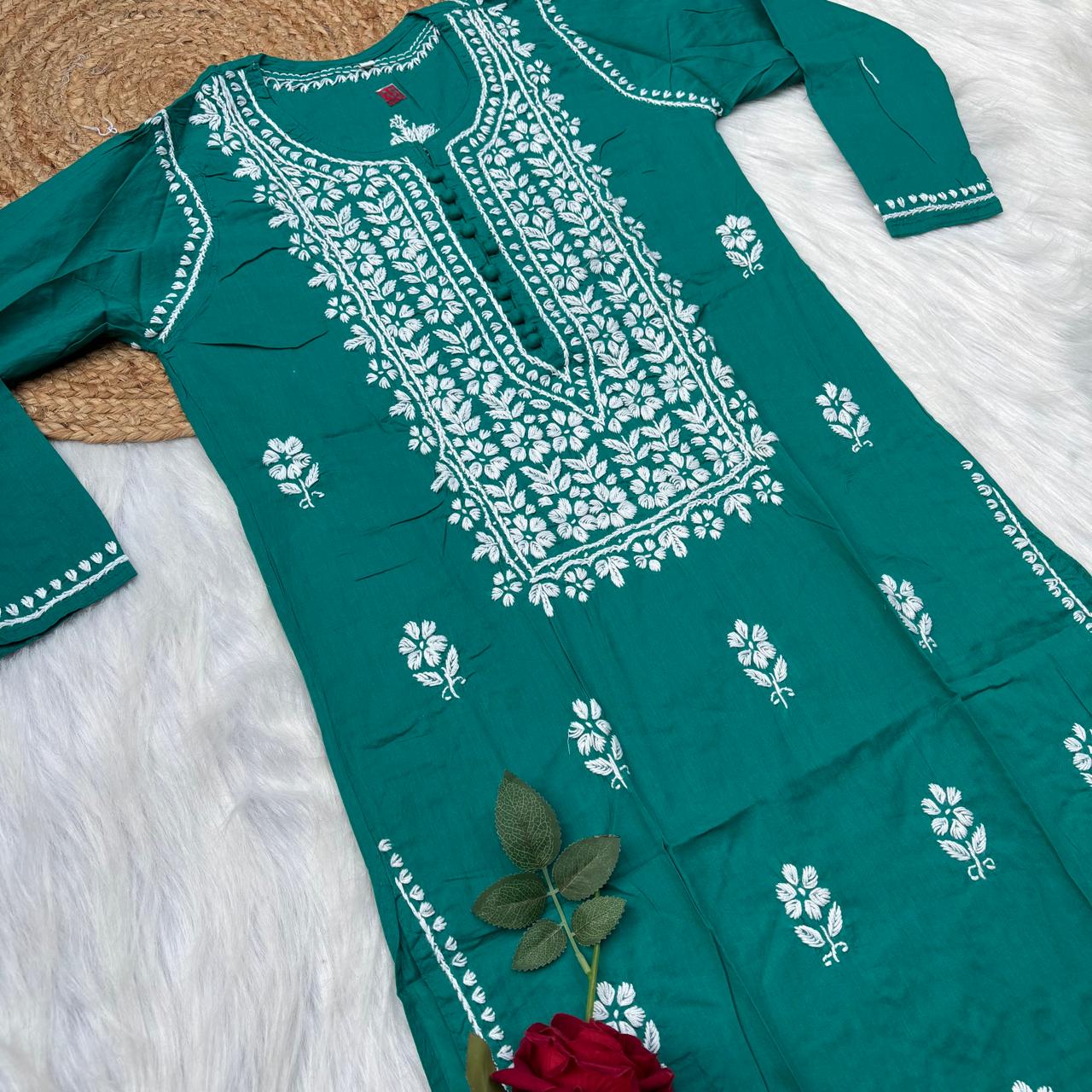 Shanaya Pure Cotton Chikankari Kurti Sea Green Colour