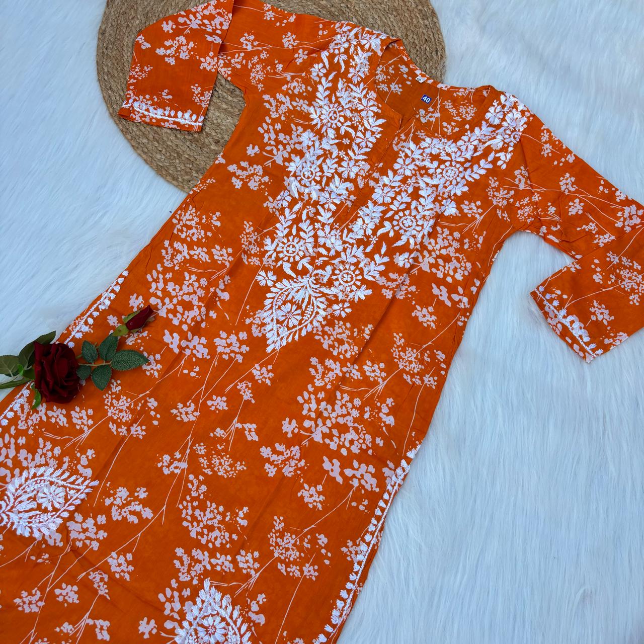 Mahira Sharma Inspired Pure Mulmul Printed Chikankari Handwork Kurti - Orange Colour - Chikankaar
